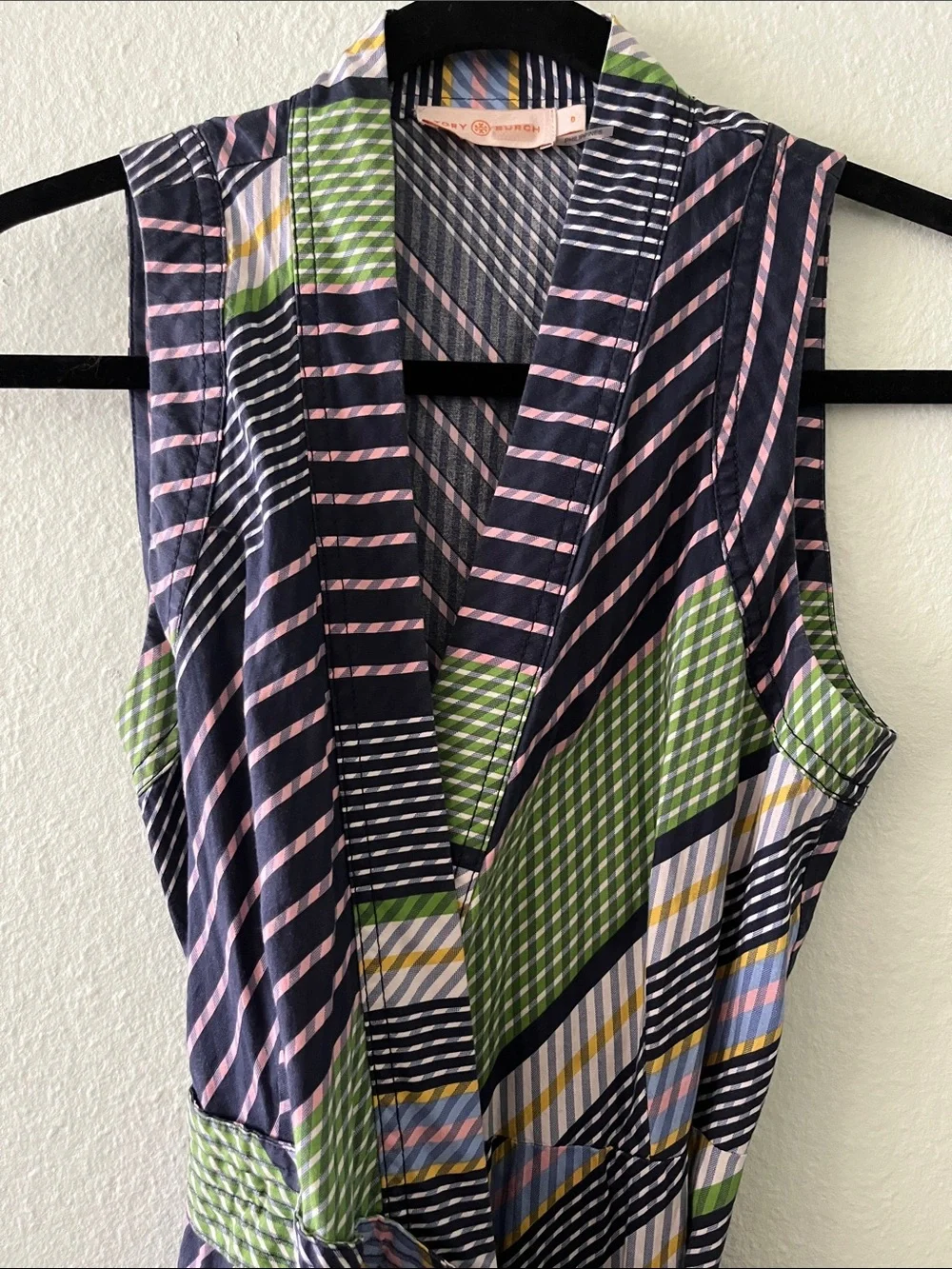 Tori Burch Sleeveless Striped Midi Dress in Navy & Green